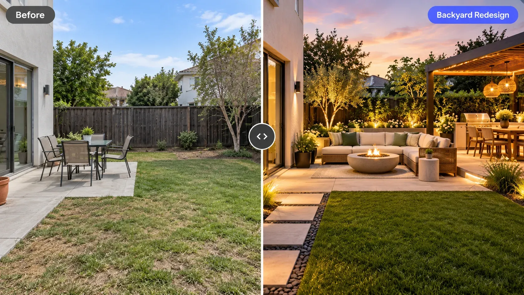 Before and after: patchy lawn backyard redesigned with a lit pergola, outdoor kitchen, fire pit lounge and stepping stones