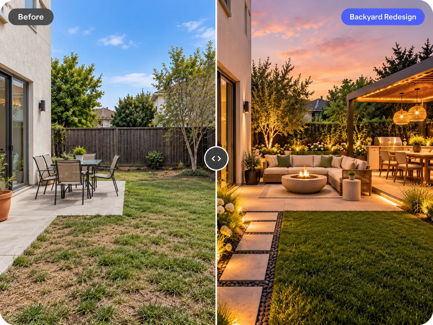 Before and after: plain backyard patio redesigned with a fire pit seating area, pergola dining and landscape lighting