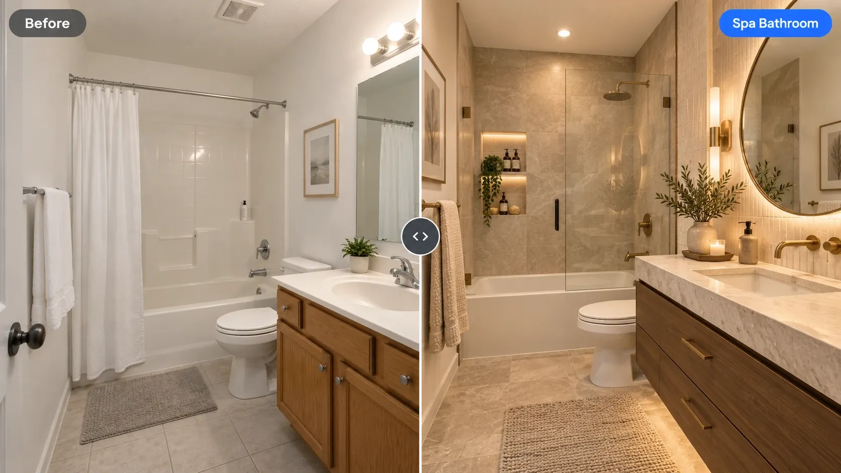 Before and after: basic bathroom with a shower curtain remodeled into a spa bathroom with stone tile, glass panel and brass fixtures