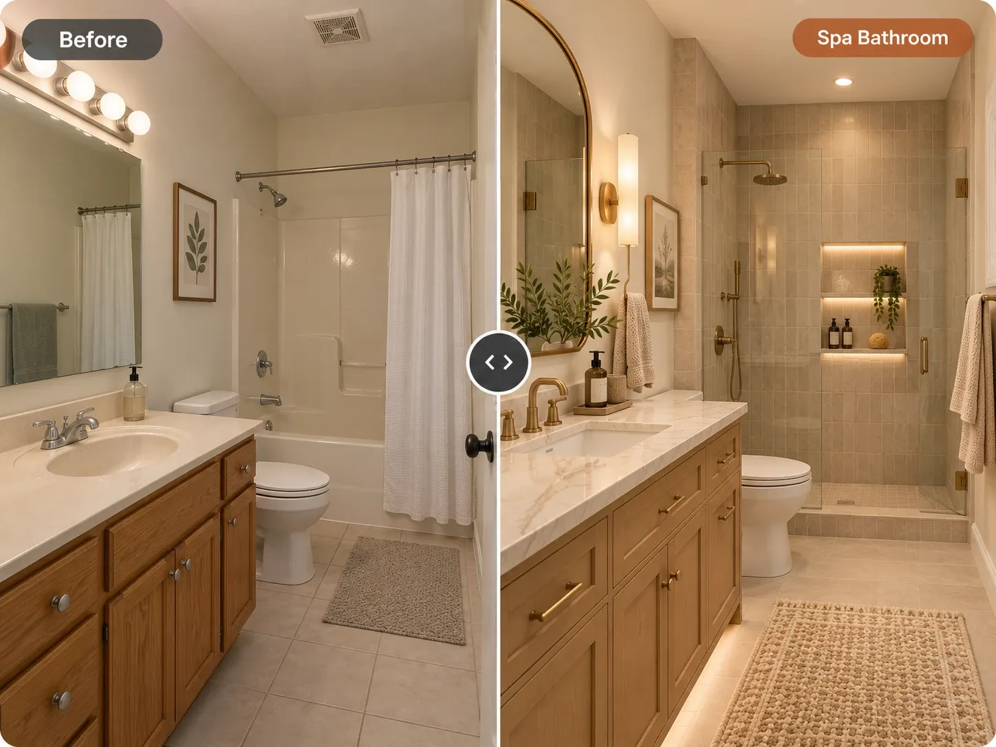 Before and after: builder-grade bathroom remodeled into a spa bathroom with a walk-in shower, lit niche and marble vanity