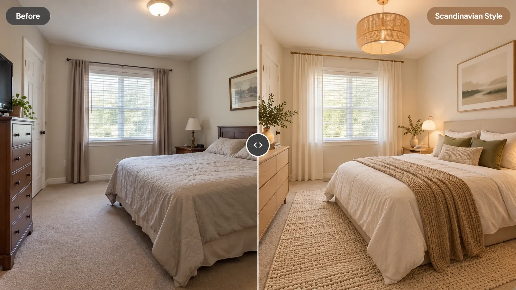 Before and after: dated carpeted bedroom redesigned in Scandinavian style with light wood, linen curtains and a rattan pendant