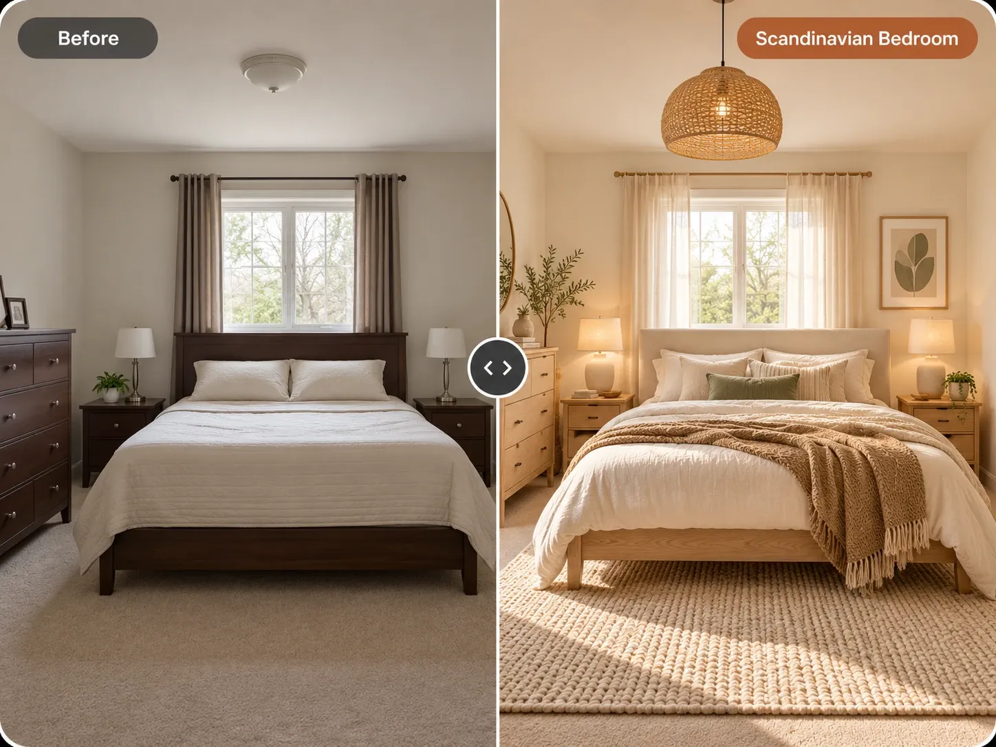 Before and after: bedroom with dark wood furniture redesigned in Scandinavian style with oak, cream bedding and a woven pendant