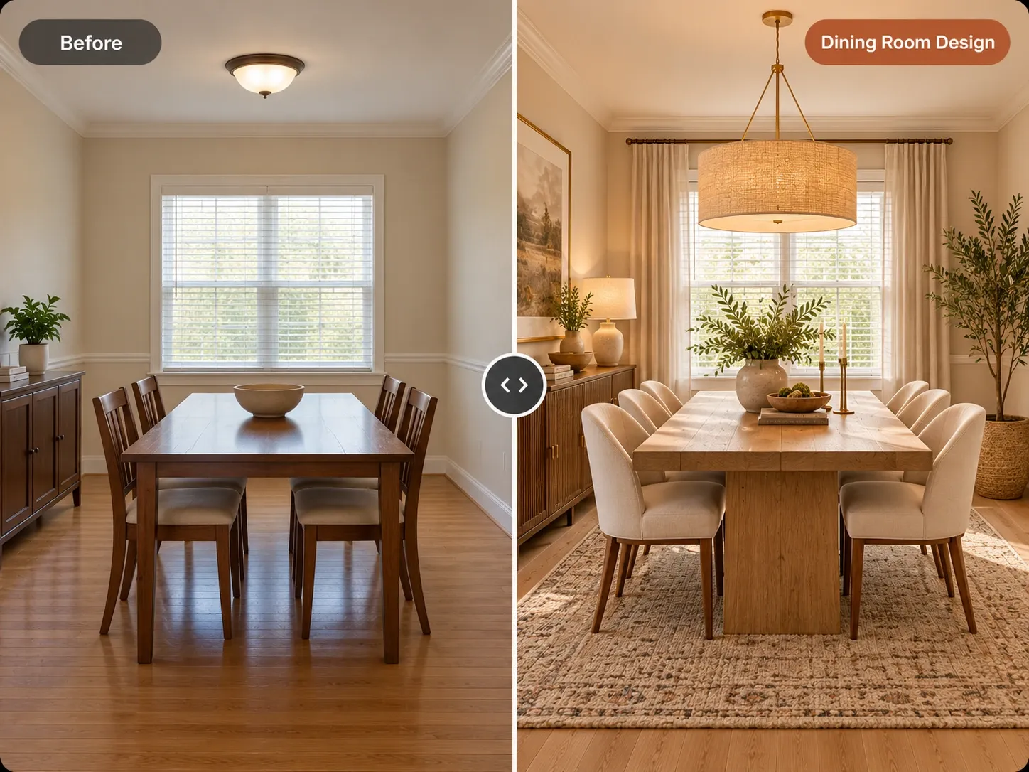 Before and after: plain dining room redesigned with a wood pedestal table, upholstered chairs and a linen drum pendant