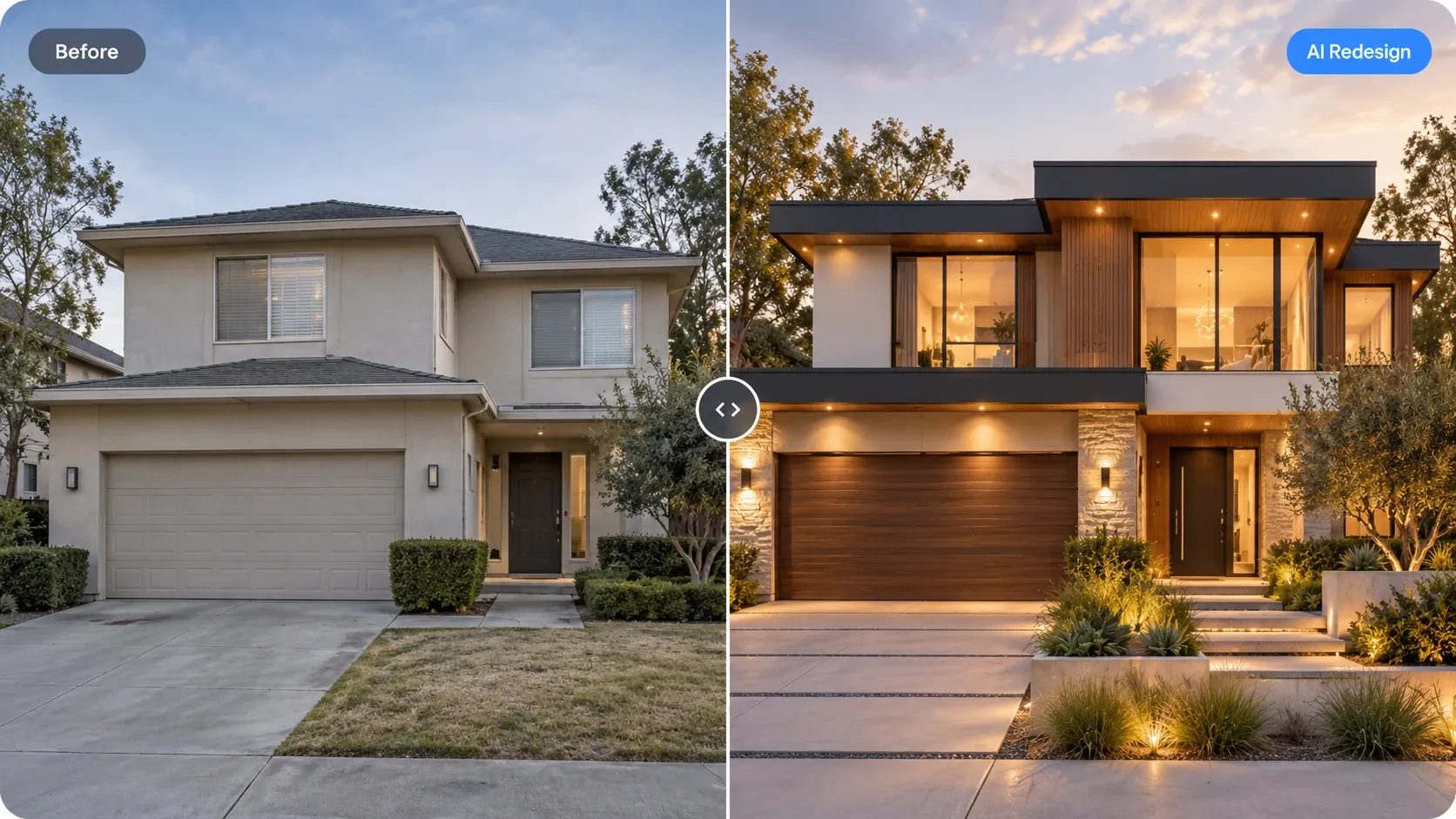 Before and after: beige stucco two-story house redesigned with a modern flat-roof facade, wood cladding, stone and warm lighting
