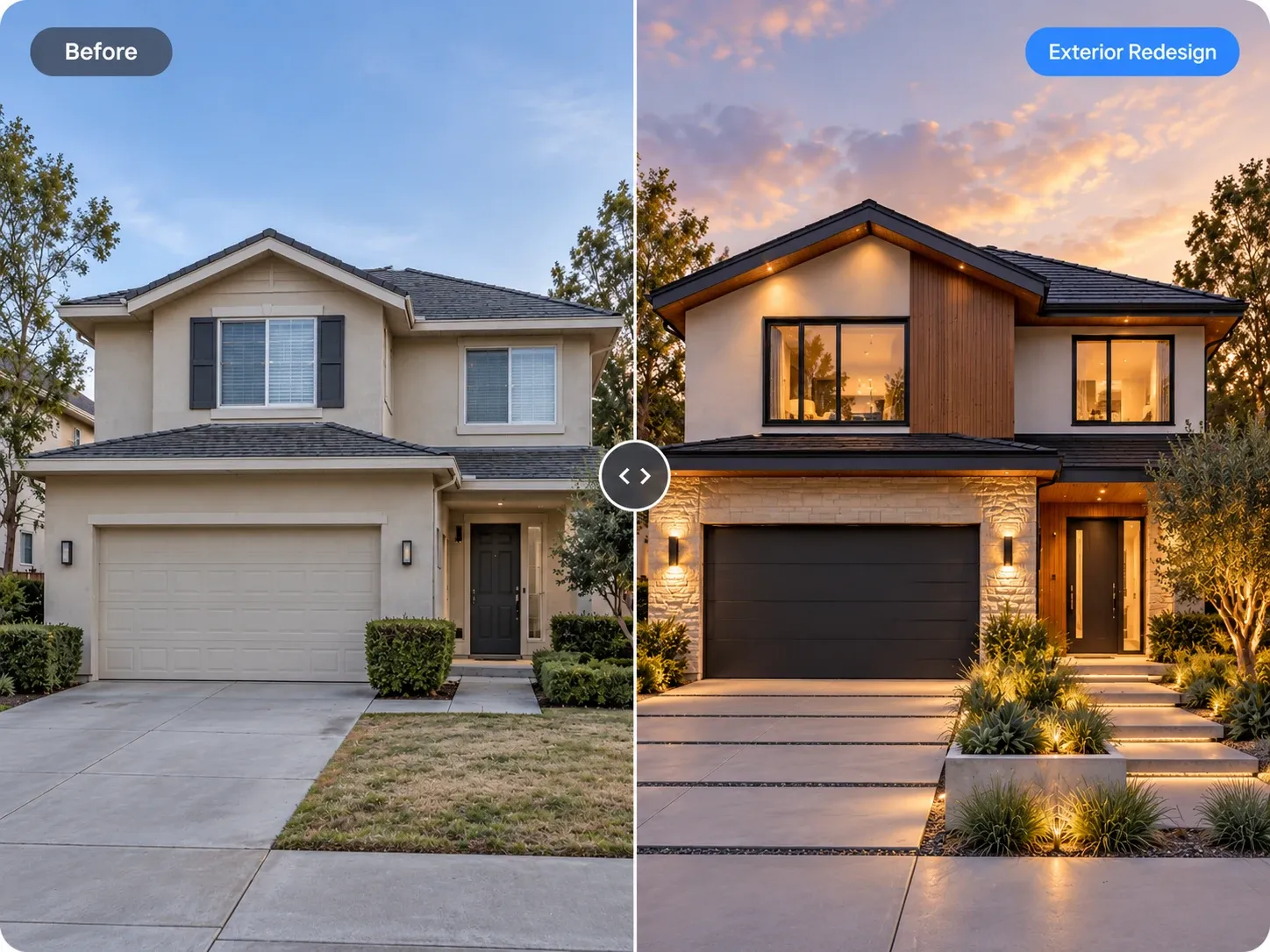 Before and after: suburban stucco house redesigned with wood accents, stone base, black garage door and lit landscaping