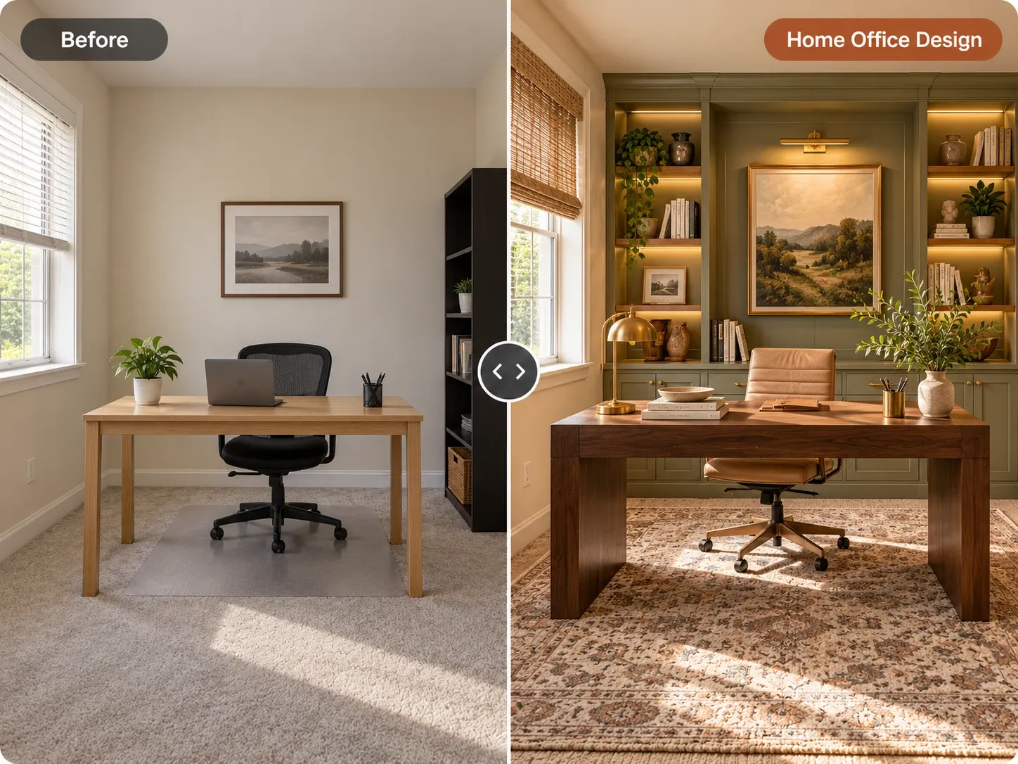 Before and after: bare home office redesigned with sage built-in shelving, a walnut desk and a leather chair