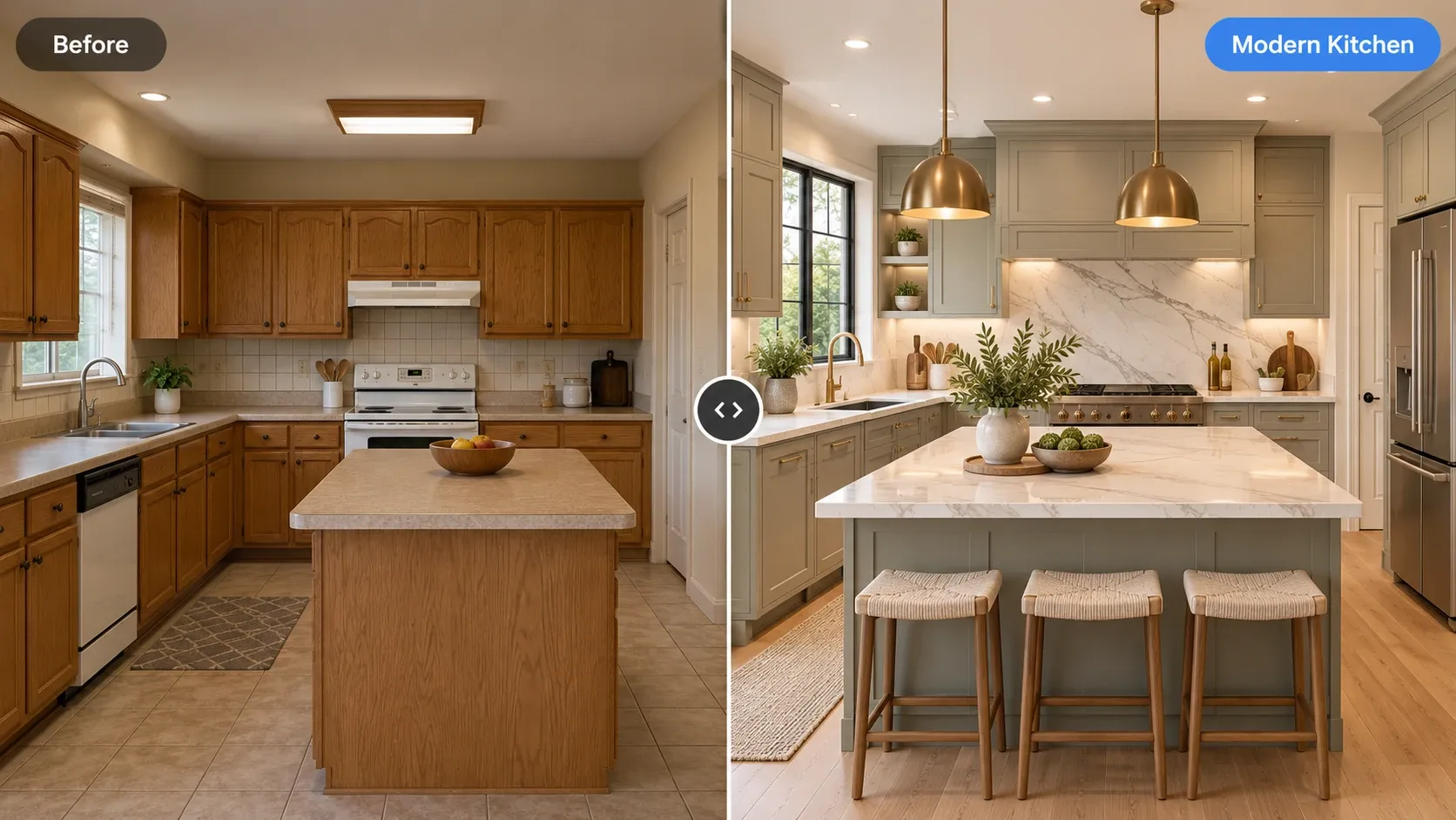 Before and after: oak kitchen with laminate counters remodeled with sage cabinets, marble island and brass pendants