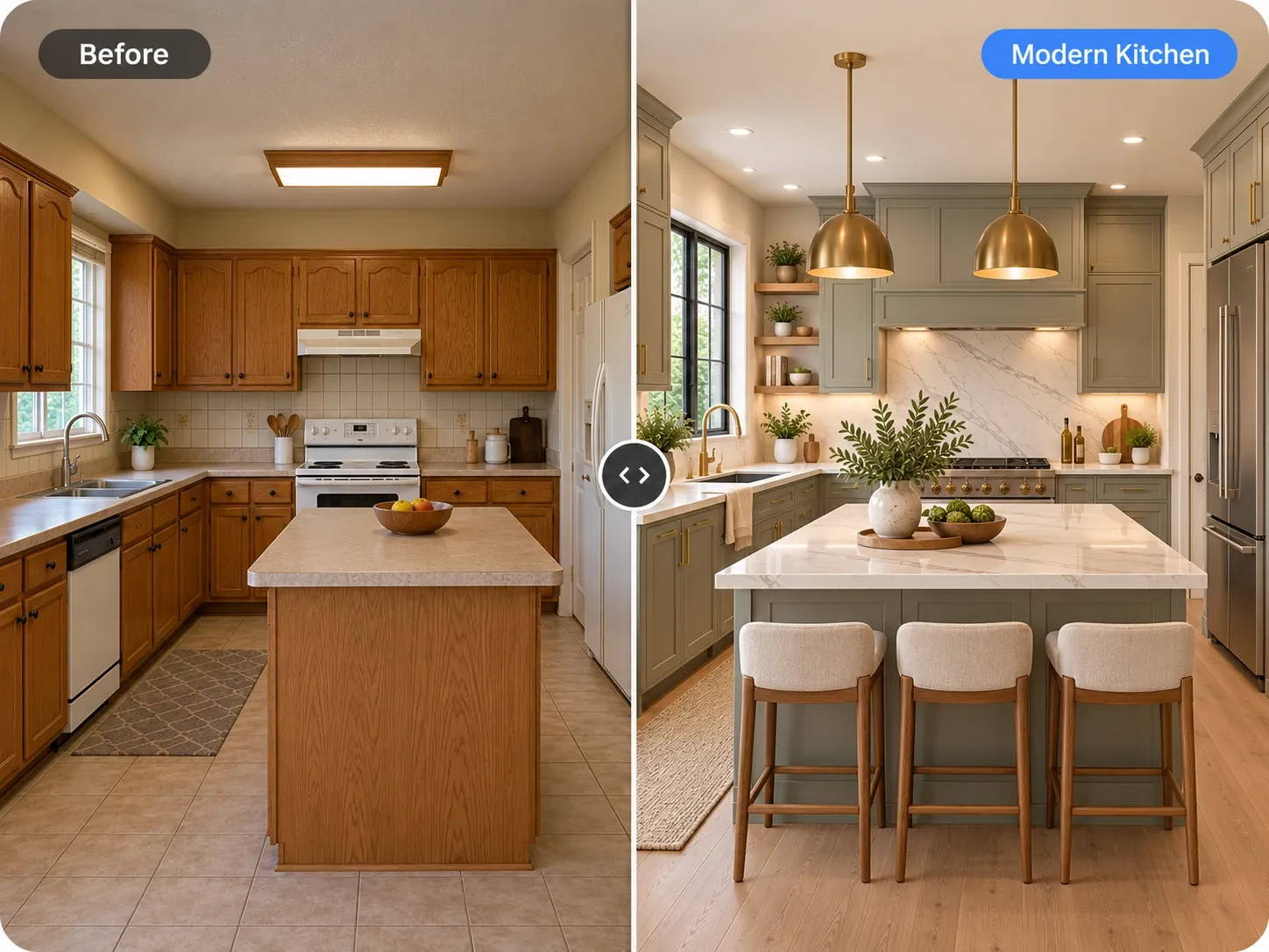Before and after: dated oak kitchen remodeled with sage green cabinets, marble backsplash, island seating and brass lights