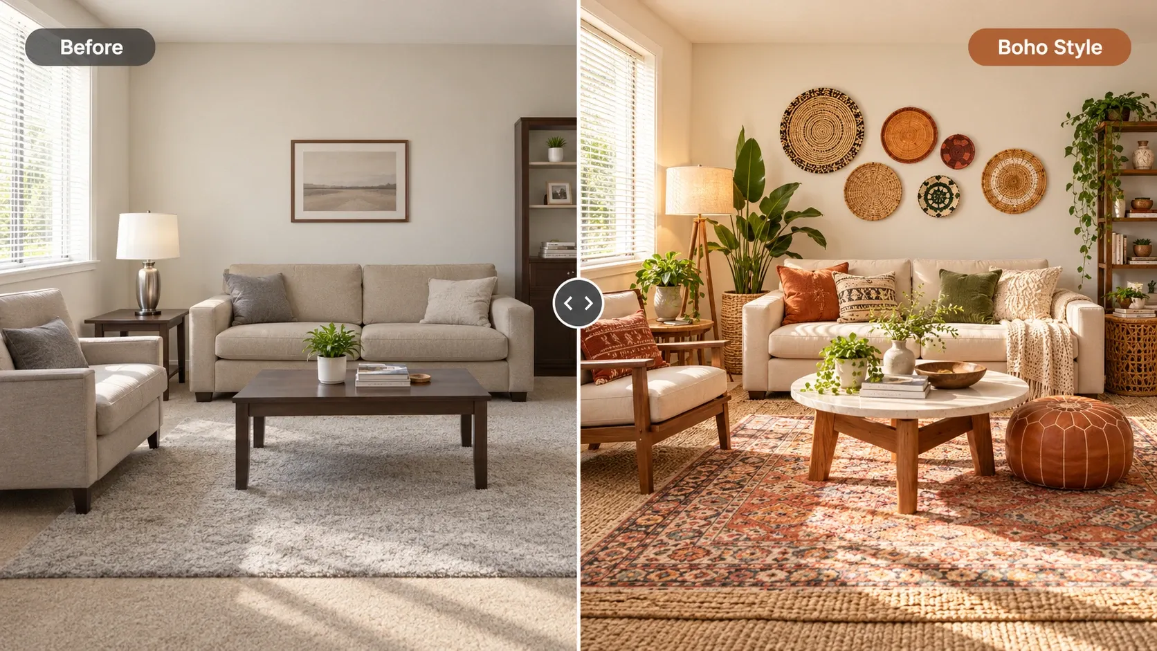 Before and after: plain beige living room redesigned in boho style with woven wall baskets, plants and a Persian rug