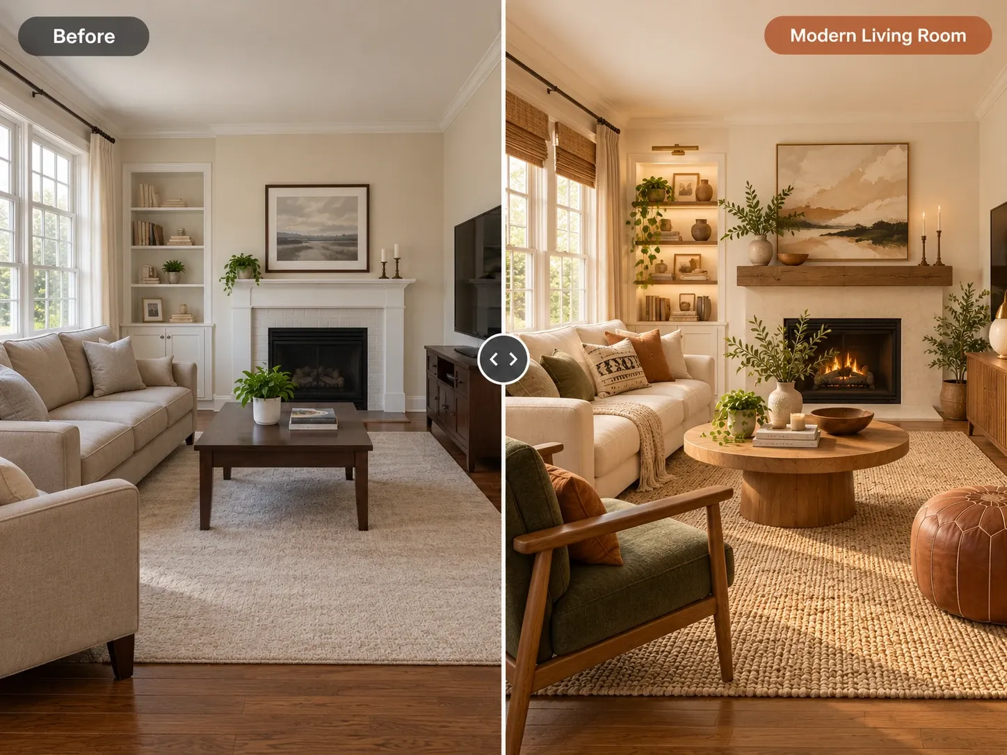 Before and after: living room with a white fireplace redesigned with warm wood, a round coffee table and lit built-ins