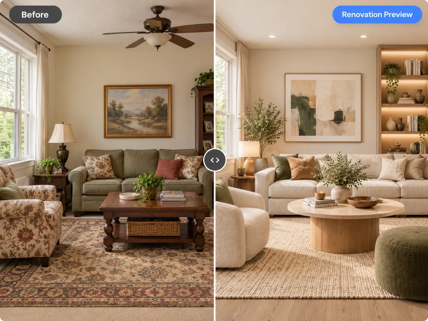 Before and after: traditional living room with floral furniture renovated into a modern neutral living room with lit shelving