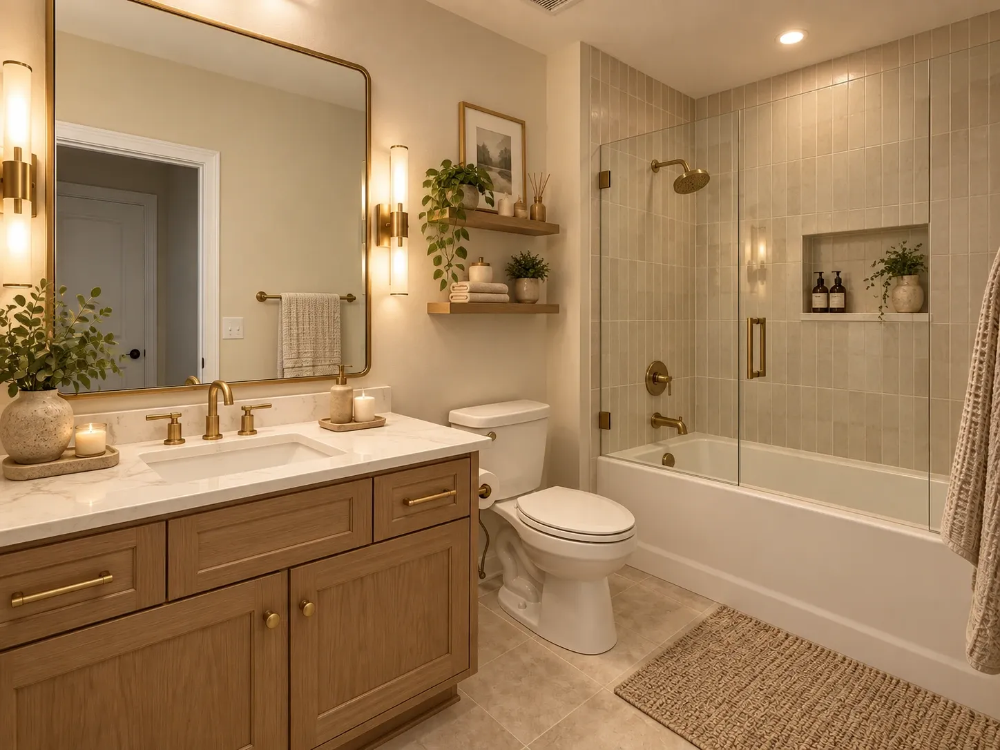 Bathroom redesigned with vertical sage tile, glass shower screen, oak vanity, quartz top and brushed brass fixtures
