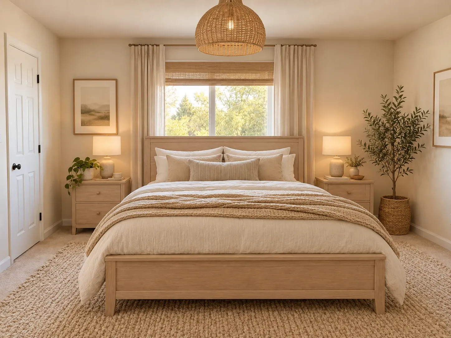 Bedroom redesigned with a light oak bed, linen bedding, woven rattan pendant and chunky wool rug