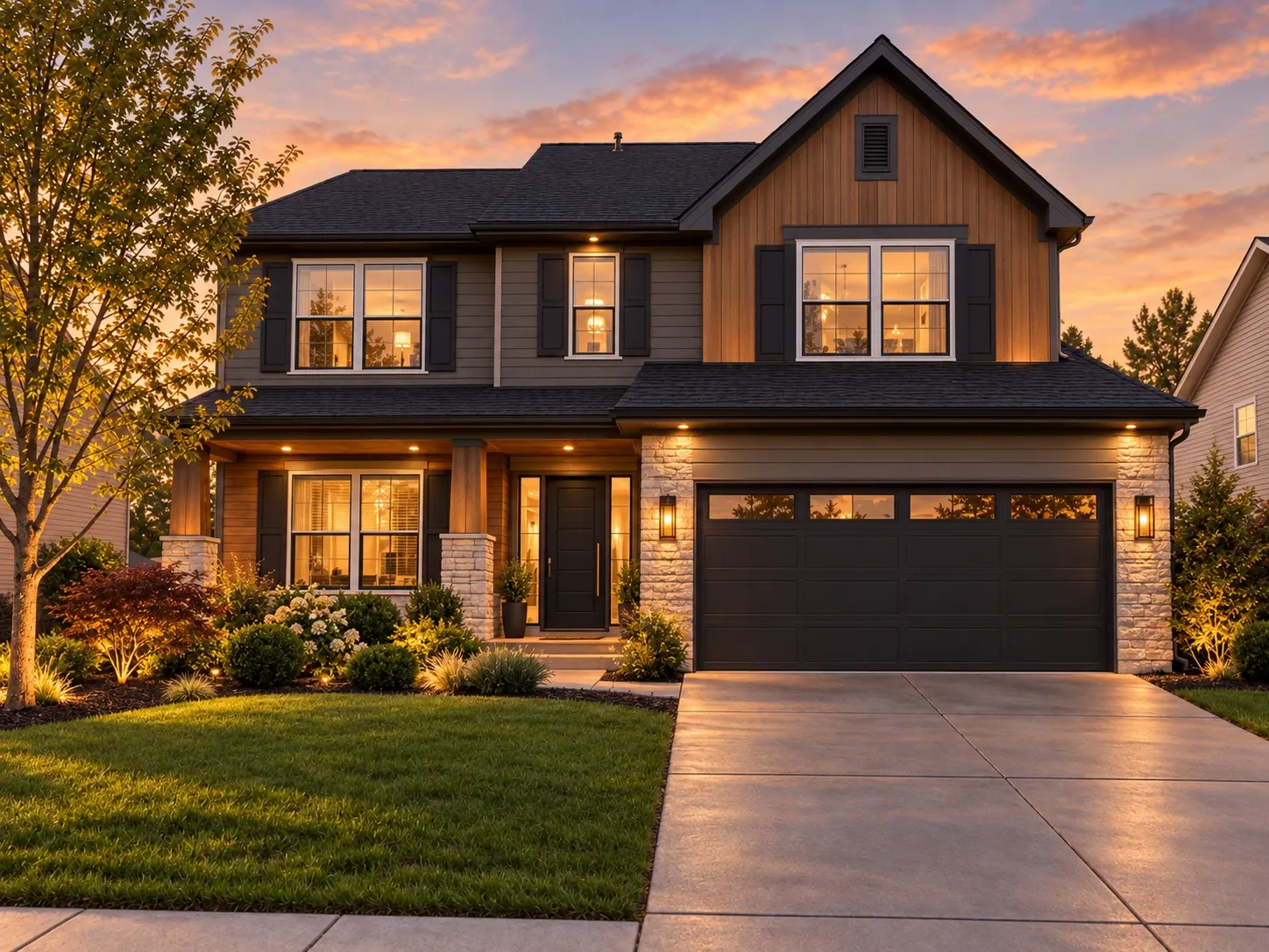 Suburban house redesigned with wood board-and-batten gable, stone garage piers, black garage door and warm landscape lighting at dusk
