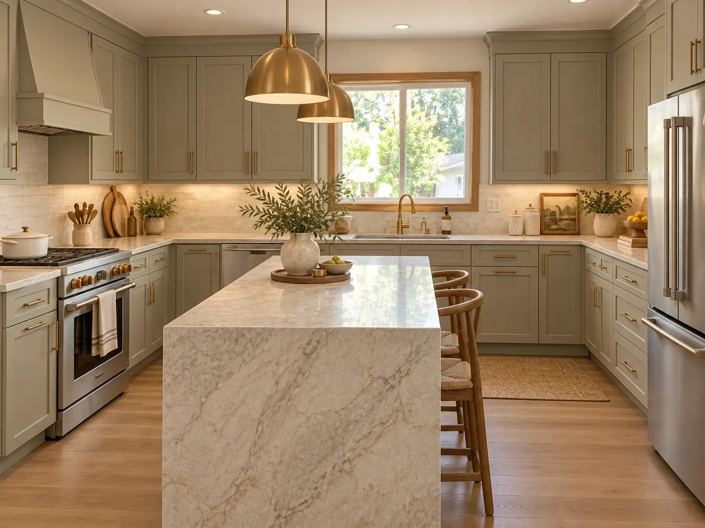 Kitchen remodeled with sage shaker cabinets, waterfall marble island, brass pendants and stainless appliances