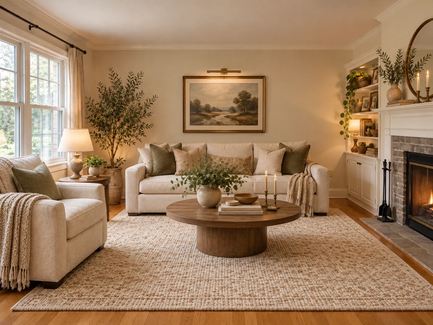 Living room redesigned with a cream sofa, round wood coffee table, layered textiles and warm lamp light