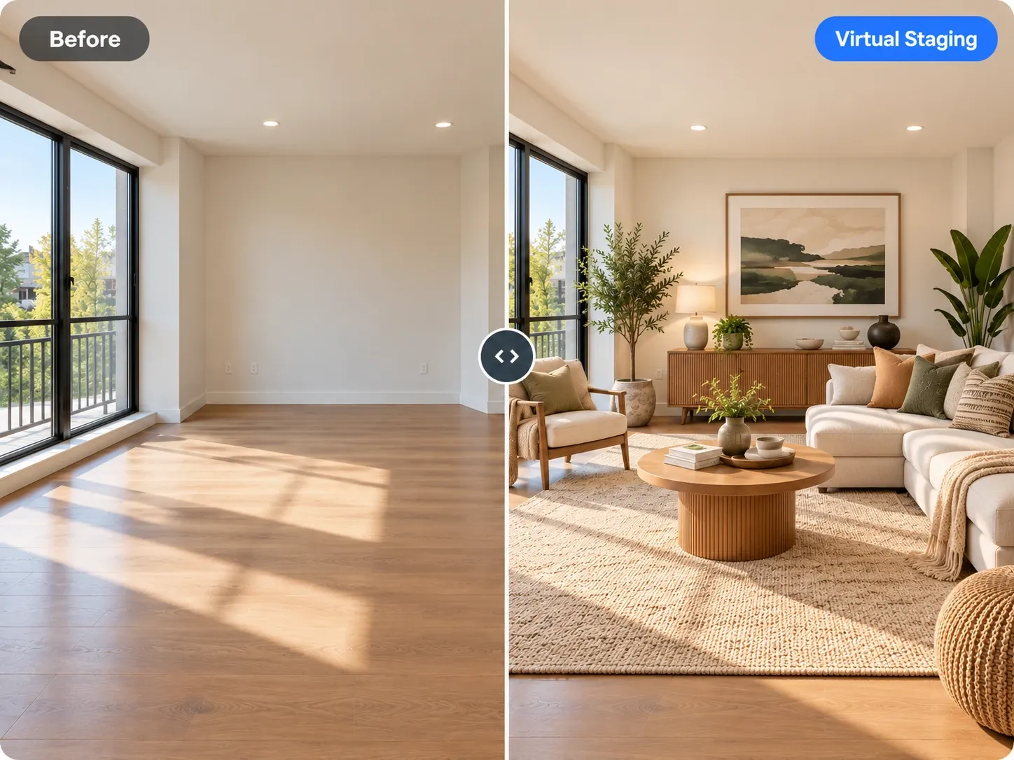 Before and after: empty room with floor-to-ceiling windows virtually staged as a warm, furnished living room